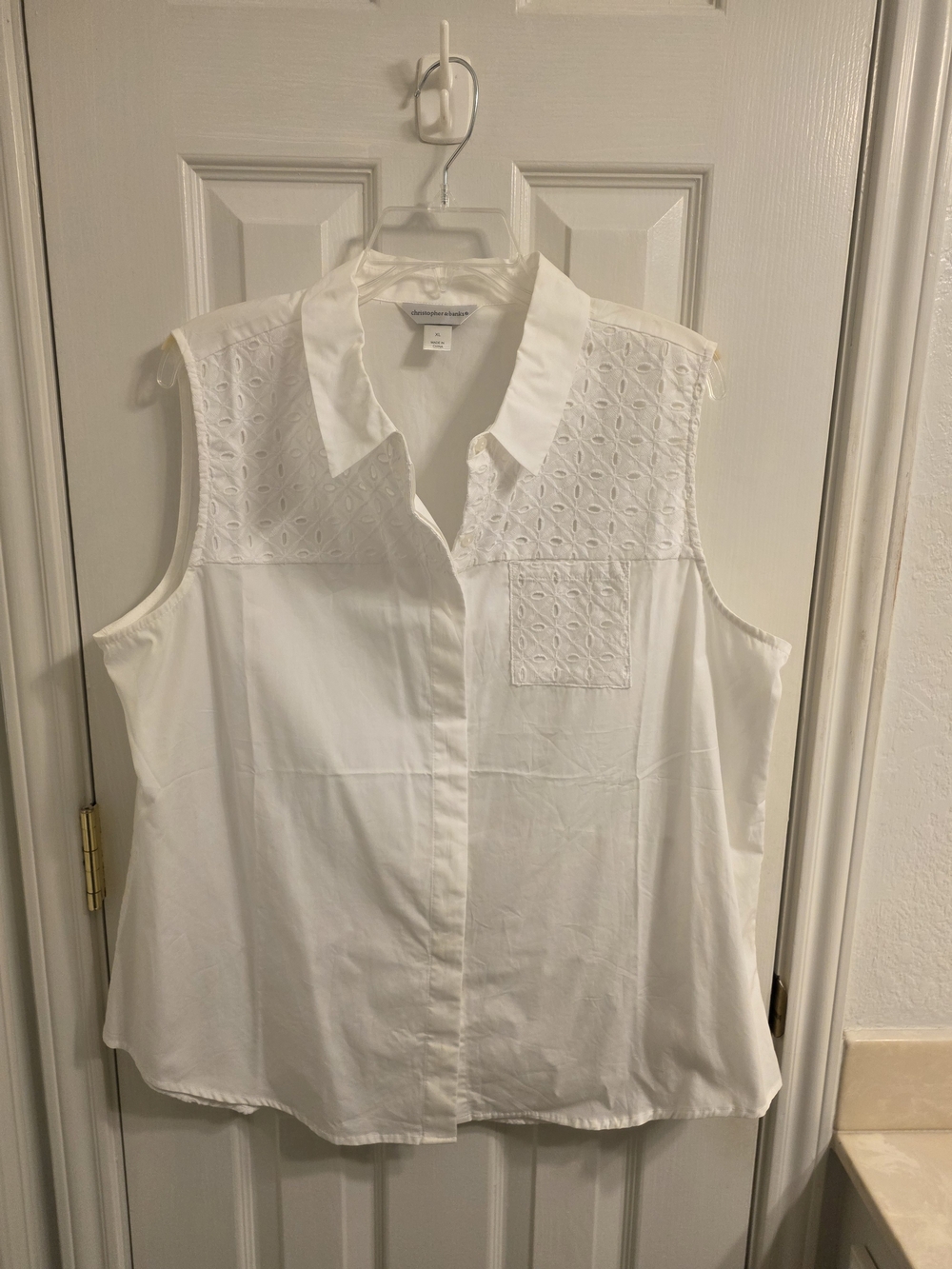 Christopher & Banks White Sleeveless Embroidered Button-Front Top